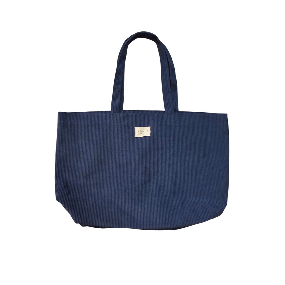 Sezane Paris Dark Vintage Blue Corduroy Tote Bag Lg Ribbed Cotton Shoulder Bag